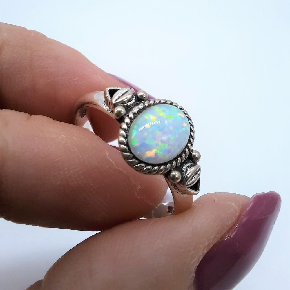 Handcrafted Antiqued 925 Sterling Silver Ring, Genuine White Fire Opal